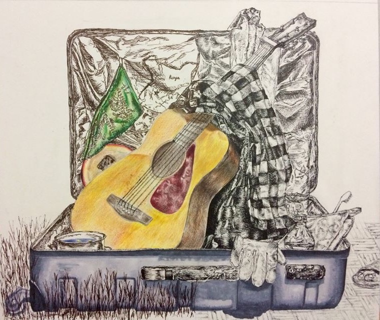 sketch of an open suitcase with a guitar and miscellaneous essentials